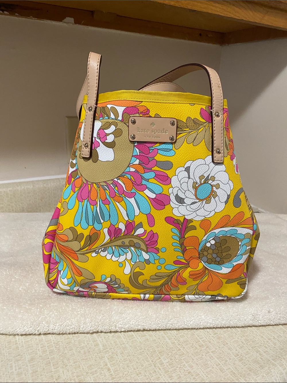 kate spade Yellow Multicolor Floral Tote with Beige Straps